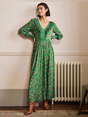 Boden Paisley Ruffle V-Neck Stretch Jersey Knit Midi Dress Cottagecore 16/18R